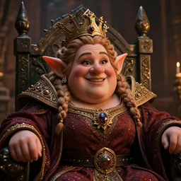 portrait, chubby hearty benevolent female dwarf queen, complex braided hair, regal and proud robust woman, cheerful expression, big nose style by jeff easley, brian froud, jeff easley dramatic light, high detail, cinematic lighting, artstation, dungeons and dragons, throne room,
