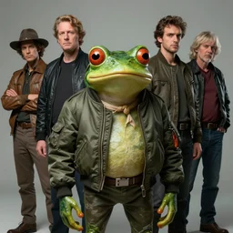 beautiful fantasy character portrait, frog like creature, wearing bomber jacket, ultra realistic, wide angle, dramatic lighting, highly detailed by hajime sorayama, boris vallejo, aaron horkey, frazetta, simon bisley