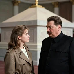young brigitte bardot meets with stalin at lenin's mausoleum, hyperrealistic photo, detailed