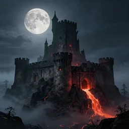 an old fortress rising up from the mist at night silhouetted by a huge moon, by Noah Bradley, Darek Zabrocki, brutalist, James Paick, Natasha Tan, highly detailed, ultra detailed, ultra realistic, trending on artstation, lava, dungeons and dragons, spooky, haunted, thomas kincade