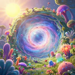 sunshine 3D portal nebula abyssal  bioluminiscent plant animals hyperbeast by Brock Hofer digital art, ArtStation  GTA cover comics style  by James Gurney and beeple global illumination Volume lighting Pixar and Disney tone mapping harmony and joy color pastel vibrant ,sharp focus