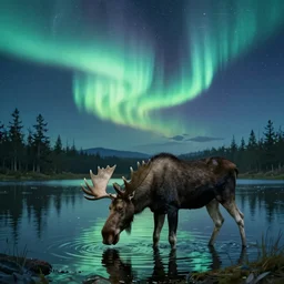 the northern lights in the style of van gogh depicting a moose drinking from a lake in the background