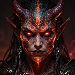 full face tattoo epic portrait, infernal demon glowing eyes, elden ring, matte painting concept art, midjourney, beautifully lit, swirly vibrant color lines, fantastically gaudy, cinematic aesthetic octane render, 8 k hd resolution, by ilya kuvshinov and darius zawadzki and zdizslaw beksinski