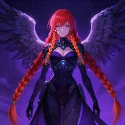 anime cyberpunk art, cute and beautiful full body female angel in the style of ghost in the shell, red blue purple black fade, orange braided hair, dark purple lighting, night sky, braided hair, dark fantasy, highly intricate detailed, braided hair, advanced digital goth anime art, soft blur and glow, wlop and rossdraws and sakimimichan