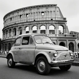 a stunning ancient rome car designed by ancient romans, award - winning documentary photograph, cinestill 8 0 0 t 3 5 mm b & w, heavy grain, high quality, noir, natural textures, photorealistic, ambient occlusion, hd, ultra wide lens, anamorphic