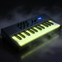 a synthesizer, white balance, 8 k, rim lighting, led, lumen global illumination, glowing, glow - in - the - dark, fog, ray tracing reflections