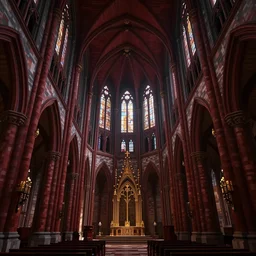 hyper detailed interior of a gothic cathedral with deep red and black accents, in the style of minecraft