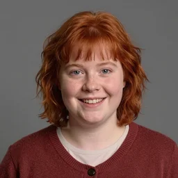 portrait of happy short and plump 5 0 - year - old woman with red hair and, kind face, round face, short hair, molly weasley, wearing in cardigan, hyper realistic face, beautiful eyes, character art, art by mark brooks, hyperdetailed, cryengine, trending on artstation, digital art