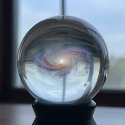 photograph of a crystal ball containing a galaxy, serene, hyper detailed, photorealistic, 4k, sheen on glass, reflection from window