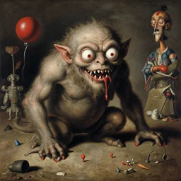 un monstre horrible et fou degueulasse avec une peau sale et seche petits yeux rouges dents tres longues demon sang sur les levres by caravaggio and rubens and bob bottin and lucien freud and ghibli studio and miyazaki and herge and max ernst and otomo