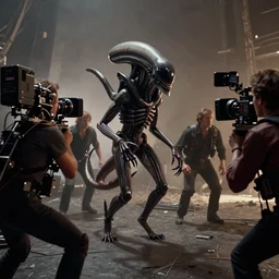 a wide angle movie still from alien ( 1 9 7 9 ) by ridley scott showing a people running from a giger xenomorph. sci - fi and supernatural horror. uneasy and uncanny atmosphere. shot on celluloid with panavision cameras. panavision lenses. 3 5 mm film negative width. anamorphic projection format