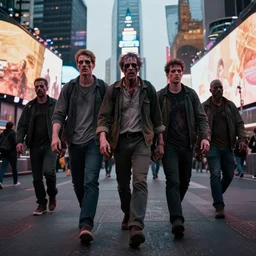 Zombies walking in Times Square, realistic artstyle, wide shot, dramatic lighting, octane render, hyperrealistic, high quality, highly detailed, HD, beautiful, cinematic, 8k, unreal engine, facial accuracy, symmetrical