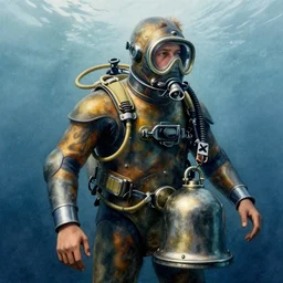 a man in an year 1 8 0 0 s old fashioned diving suit, diving bell, highly detailed, by greg rutkowski, illustration, highly detailed water colour 8 k, cinematic lighting, hd, high detail, atmospheric, trending on artstation