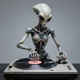 an alien djing with a turntable in the style of HR giger. photo realistic. mechanical. futuristic. SL-1200. vinyl records