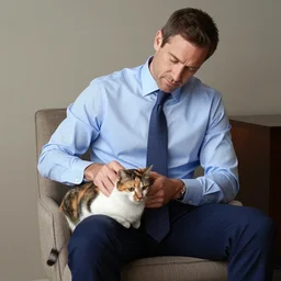 Andy Richter wearing a blue dress shirt, necktie, navy dress pants sitting in a chair petting a calico cat
