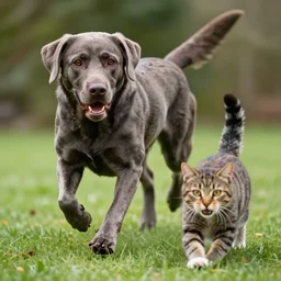 a realistic photo of a zombie labrador retriever chasing a cat