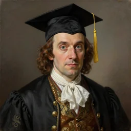 portrait painting of a funny looking male scholar wearing fancy clothes and a cap, sharp focus, award - winning, trending on artstation, masterpiece, highly detailed, intricate. art by rebecca guay