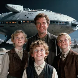 extremely sharply detailed, scan from blockbuster 9 6 k sci fi color movie freeze frame, set 1 8 6 0, family standing in front of crashed spaceship, on alien planet, looking happy, wearing 1 8 5 0 s era clothes, atmospheric lighting, in focus, reflective eyes, 9 9 9 9 mm macro lens, live action, nice composition and photography, clear facial details