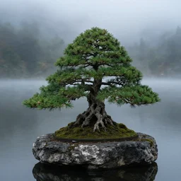 fhoto bonsai fir on a small rock in lake, refle, fog, medium shot, volumetric lighting, beautiful, sharp focus, ultra detailed, cgsociety by leesha hannigan, ross tran, thierry doizon, kai carpenter, ignacio fernandez rios, noir art house, 4 k, 3 5 mm, fujifilm