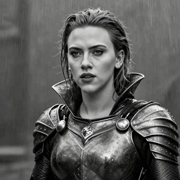 black and white, scarlett johansson as a vampire, wearing rain soaked armour in the pouring rain, wear a crown, afro samurai manga style, pencil and ink, full body walking towards camera pose, huge gothic castle covers the entire background, at night with dramatic moonlight, cinematic effects vfx, dynamic angle