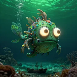 detailed effervescent underwater ocean scene, an ornate funny sea monster creature with large glowing eyes, floats by camera, a small shipwreck on the seabed, by maurice sendak, shaun tan made in hyperrealistic 3 d, octane render, dark green colours, sharp focus, 8 k, nighttime