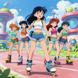 jet set radio style anime, with diverse female characters on skates, set in colourful future city