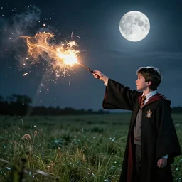 a young wizard points their wand and a blast of magic erupts from the end, on an empty moonlit moor, incredible cinematic photography