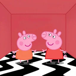 peppa pig and pumbaa in the red room from twin peaks. black and white zig zag floor, strange