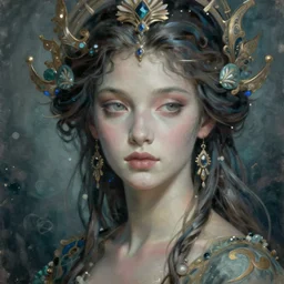 portrait of an impossibly beautiful sea goddess, graceful, esoteric, muted colors, head in focus, high fantasy art, ocean nature and sea aesthetics, ornamental, intricate details, elegant, highly detailed hyperrealistic painting, artstation, concept art, painterly, sharp focus, illustration, epic art by hans jokem bakker