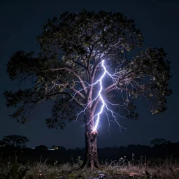 thunder lightning striking a tree in the night, stylized, artgerm, artstation, hd, cgsociety, cgi, realistic, dramatic, cinematic, artistic, trending, detailed