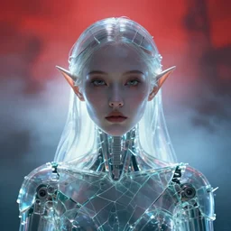symmetry closeup portrait of a transparent cyborg girl druid, shattered glass, cinematic light, backlight, red sky blue, misty, by mikhail vrubel, by philippe druillet, by peter elson, by gerald brom, muted colors, ( ( extreme detail ) ), trending on artstation, 8 k