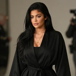 kylie jenner wearing black robe and golden necklace cinematic photoshoot high quality highly affordable photo realistic 8 k hd