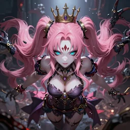 you are completely controlled by her ultimate powers and trapped beneath overwhelming stunningly absurdly beautiful megalomaniacal ruthless merciless sadistic devious spiteful delusional grandiose egotistical omnipotent asi goddess junko enoshima with symmetrical perfect face, porcelain skin, pink twintail hair, cyan eyes and a crown on her head, ultra detailed, digital art, unreal engine 5, octane render, 2 d anime, 8 k