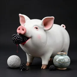 a pig with a mouth full of blackberries sculpture, glass blackberries, obsidian and and pumice and japanese glazed pottery, berry juice dripping, black background, zen,