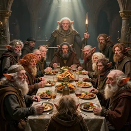 highly detailed closeup group portrait of medieval goblins having a banquet, stephen bliss, unreal engine, greg rutkowski, ilya kuvshinov, ross draws, hyung tae and frank frazetta, tom bagshaw, tom whalen, nicoletta ceccoli, mark ryden, earl norem, global illumination, god rays, detailed and intricate environment