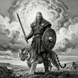 by Tom Bagshaw, soft ultra realistic painting of a viking. He holds a sword in one hand and a shield in the other. The Viking puts his foot on a tiger. Horror, omnipresent sky, symmetry of precise lines, very complex details, black and white, volumetric luminous clouds, landscape format