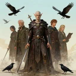 ( ( ( ( ( portrait of drow from dungeons and dragons surrounded by crows. ) ) ) ) ) by atey ghailan, by greg rutkowski, by greg tocchini, by james gilleard, by joe fenton, by kaethe butcher, dynamic lighting, gradient light blue, brown, blonde cream and white color scheme, grunge aesthetic