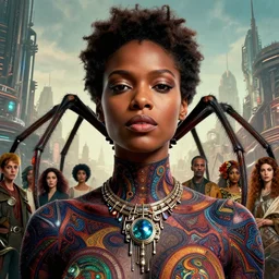 realistic detailed closeup portrait movie shot of a beautiful black woman with a giant spider, dystopian city landscape background by denis villeneuve, amano, yves tanguy, alphonse mucha, max ernst, ernst haeckel, kehinde wiley, caravaggio, roger dean, cyber necklace, rich moody colours, sci fi patterns, wide angle