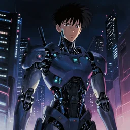 a japanese cyberpunk robot, finely detailed features, cyborg robot parts with glowing lights!, dramatic cinematic, night, at cyberpunk city, ghost in the shell, akira, noir, painted by greg rutkowski makoto shinkai takashi takeuchi craig mullins, alphonse mucha, studio ghibli, pixiv