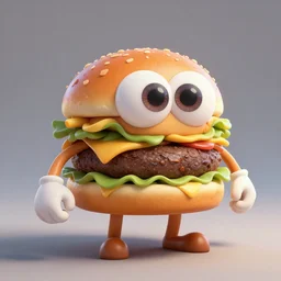 a humanoid hamburger character with giant eyeballs and french fry arms legs, concept art painting character design, featured on artstation unreal engine 5, 3 point lighting