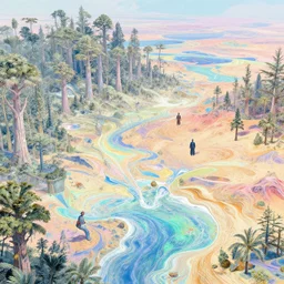 highly detailed holographic iridescent sci fi world with forests deserts and oceans, by gilbert williams, by simon stalenhag, by beeple, by bruce pennington, by james jean, by moebius, featured in juxtapoz, mixed media, dynamic composition, octane render, with many different pastel shades of blue pink orange yellow green