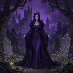 beautiful woman, Queen of the ghosts, old cemetery, castle in the background, trees, creepers, beautiful flowers, night, purple color,  colorfully, full body shot, detailed illustration, digital art, overdetailed art, concept art, Greg Rutkowski, Jean-Baptiste Monge, trending on artstation