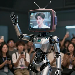 futuristic celebrity android with TV for head waving to a crowd