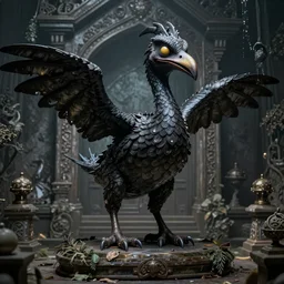 realistic, ultra detailed, menacing, powerful, dark, Satanic Dodo bird on a shrine