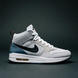 a studio photoshoot of a Nike Air x Acronym hight top ACG sneaker collab designed by Errolson Hugh, air technology, knitted mesh material, realistic, color film photography by Tlyer Mitchell, 35 mm, graflex
