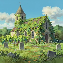 a traditional gouache painting of grapevine bushes, grapevine covered church reclaimed by nature, in the middle of old cemetery destroyed after hurricane, panorama, a matte painting by makoto shinkai, ghibli pixar matte painting, deviantart, matte drawing, concept art, matte painting
