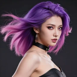 a award winning action upper body portrait of a beautiful woman with a ombre purple pink hairstyle with head in motion and hair flying, choker, hoop earrings, outrun, vaporware, highly detailed, fine detail, intricate