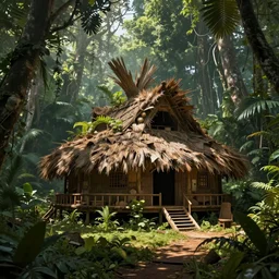 an intricate concept art of a tribal hut in the middle of the amazon rainforest, artstation, sci - fi, hyper realistic, concept art, art by dylan cole, cinematic lighting, octane render