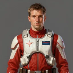 portrait of a man by greg rutkowski, a starfighter pilot of the galactic triunvirate, wearing a red and white pilot uniform, star wars expanded universe, highly detailed portrait, digital painting, artstation, concept art, smooth, sharp foccus ilustration, artstation hq