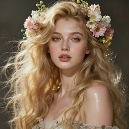 epic portrait an beautiful goddess with long blonde flowing hair full off flowers, sweaty skin, glossy lips, beautiful, broad light, ambient occlusion, volumetric light effect, made by ivan aivazovsky, peter mohrbacher, greg rutkowski, matte painting, trending on artstation, 4 k, perfectly defined features, digital painting, wallpaper